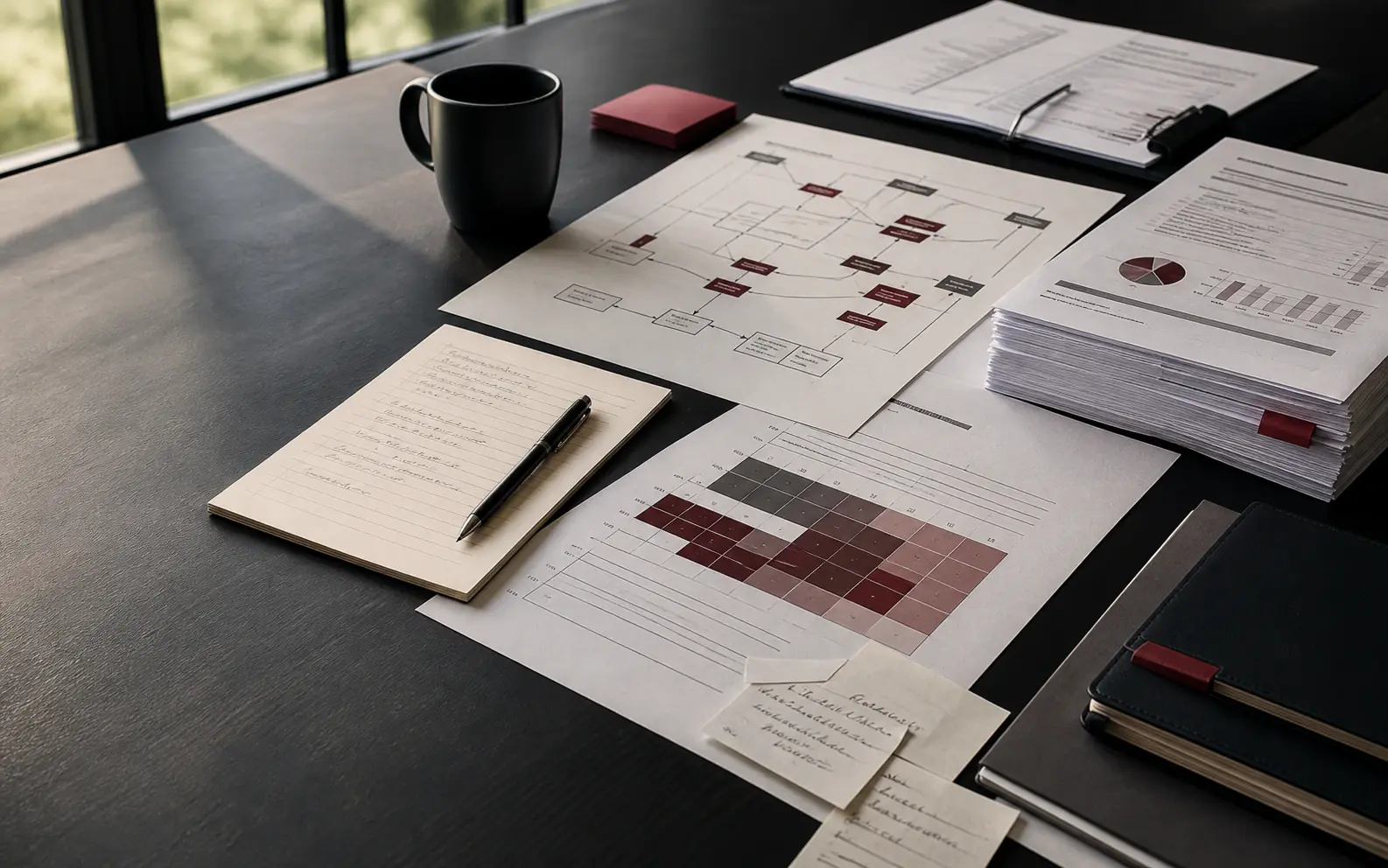 Mesa de estudio con mapas, matrices y documentación académica
