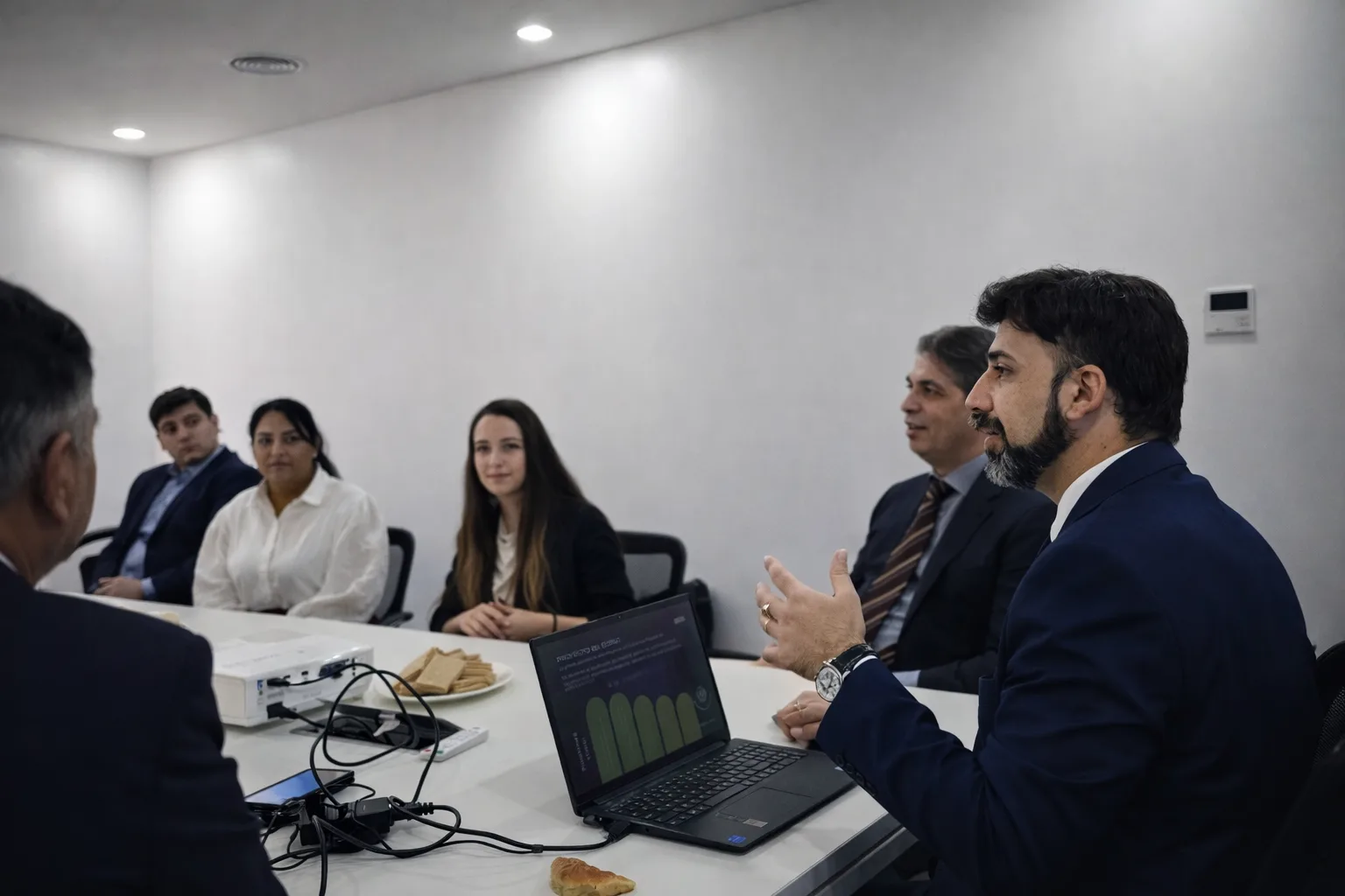 Reunión de trabajo con revisión de indicadores frente a una laptop